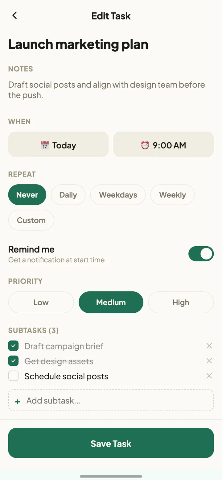 Stride add task screen with priority selection, subtasks, and list assignment.