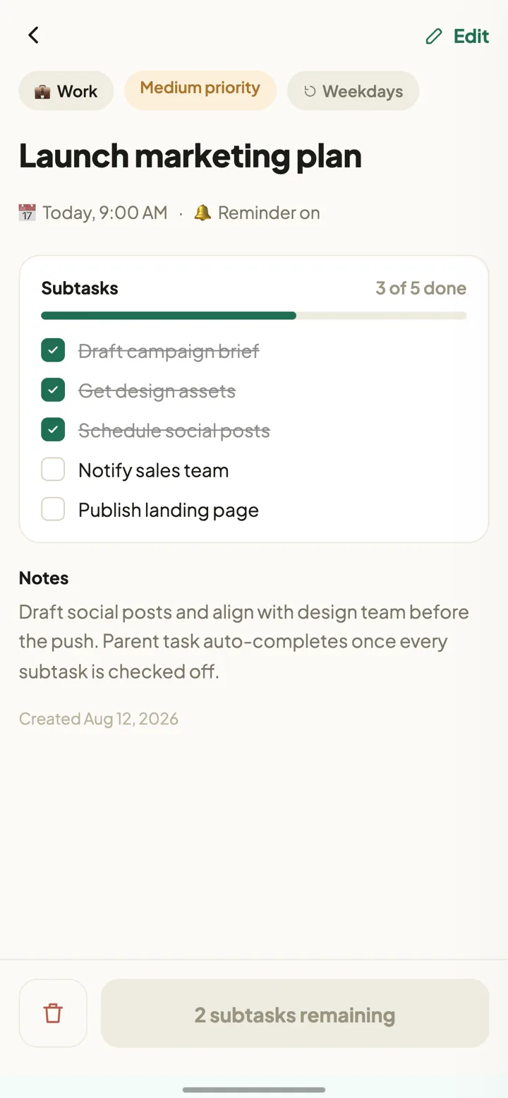 Stride task detail screen showing subtasks, priority, and a completion progress bar.